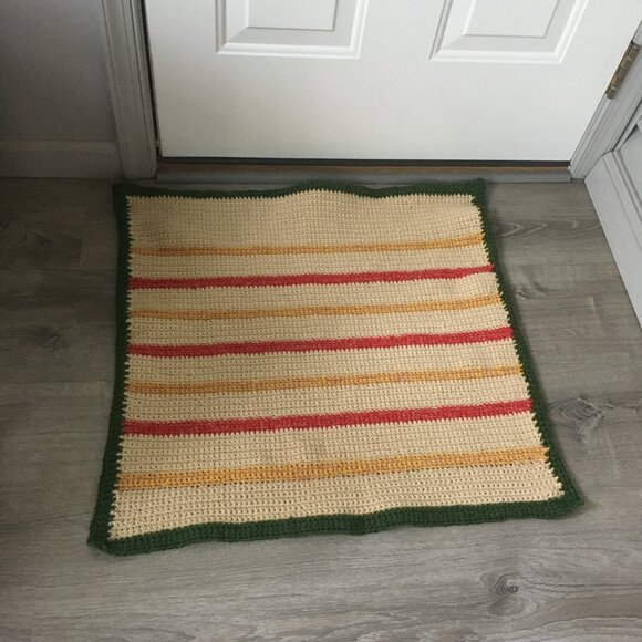 Hand Crocheted Square Cream Yellow Red Green Striped Mat Rug - Picture 8 of 16
